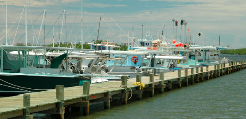 Boats are docked along a wooden pier, showcasing their masts and fishing equipment against a cloudy sky.