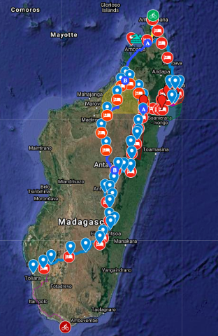 The image shows a map of Madagascar with a marked route that appears to be a long journey or expedition across the island, indicated by pins marking locations and activities such as cycling, kayaking, and accommodation.