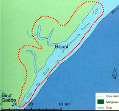 A imagem é um mapa das Ilhas Bajuni e da costa circundante do sul da Somália, mostrando recifes de corais, manguezais e rios, com a cidade de Bajuni identificada.