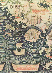 This image is a portion of an old map depicting Mogadishu ("DIAB") with stylized architecture and ships navigating wavy waters.