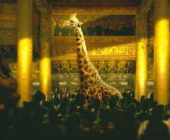 A giraffe stands in a crowded, ornate hall, with people looking up at it, suggesting a spectacle or unusual event.