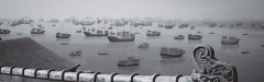 A black and white, wide shot depicts a large fleet of ancient Chinese ships sailing in a harbor under a foggy sky, viewed from a decorative rooftop.