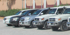 A row of Toyota Land Cruisers of different colors, mostly white and gray, are parked in a lot.