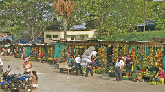 The All Mighty Amazon River - 4 Days A bustling outdoor market in a tropical area, with vendors selling fruits and vegetables from stalls under trees and a palm tree.