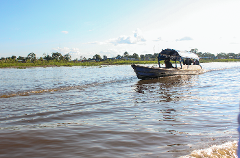 The All Mighty Amazon River - 4 Days A blue motorboat speeds across a wide river, with the opposite shore visible in the background under a bright sky.