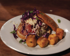 A close-up shot showcases a vibrant sandwich on a white plate, complemented by fried plantain cubes. The sandwich is topped with red cabbage, cheese, and green onions.