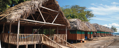 A row of thatched-roof huts lines a sandy bank under a sunny sky, with trees visible in the background.