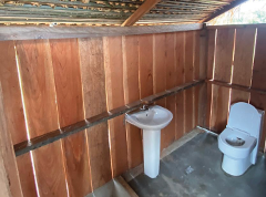 A bathroom with wooden walls has a sink and a toilet.