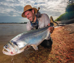 A smiling fisherman in a straw hat proudly holds a large, silvery fish with prominent teeth on the bank of a river.