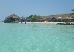Island Day Tour from Cartagena A sunny beach with turquoise water, thatched-roof huts, and people enjoying the day.