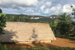 A thatched-roof hut sits in front of lush greenery and towering tepuis under a cloudy sky.