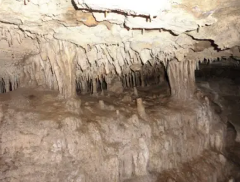 This is a photo of a cave with many stalactites hanging from the ceiling and stalagmites rising from the ground, forming a cavernous interior.