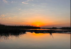 A serene sunset over a calm body of water with grassy banks, reflecting the warm orange and yellow hues of the sky.