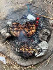 Grilled fish in wire racks over an open fire with a few skewered tomatoes, surrounded by stones.
