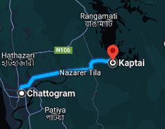 A map showing the route from Chattogram to Kaptai, passing through Nazaret Tila. Rangamati is visible to the northeast, and a small section of road marked N106 is to the northwest.