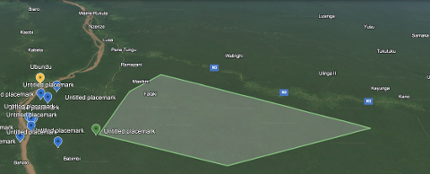 This is a satellite view of the Ubundu Reserve in the Democratic Republic of Congo, showing a wide, muddy river, dense jungle, and several marked locations.