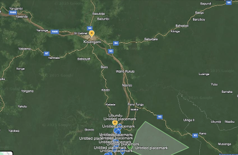 This map shows a portion of the Democratic Republic of Congo, highlighting the city of Kisangani and surrounding villages, with a focus on the Ubundu Reserve Wilderness Zone.