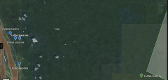 Satellite view of a dense jungle with a winding river and several placemarks, likely indicating points of interest for an expedition.