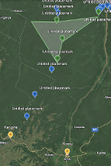 This satellite image shows a green shaded polygon with several placemarks and some rural settlements in the Democratic Republic of Congo.