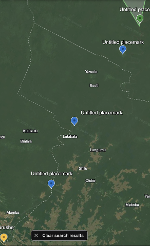 A Google Maps screenshot shows a vast, densely forested area in the Democratic Republic of Congo, with several unnamed placemarks and small settlements like Yawale, Buuti, and Lungumu.