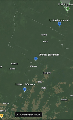 A Google Maps screenshot shows a vast, densely forested area in the Democratic Republic of Congo, with several unnamed placemarks and small settlements like Yawale, Buuti, and Lungumu.