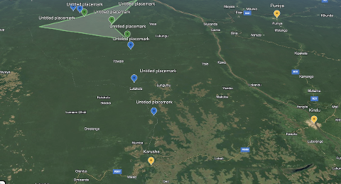 This image is a Google Maps screenshot showing the wilderness area of Lomami National Park in the Democratic Republic of Congo, with several placemarks indicating expedition stops.