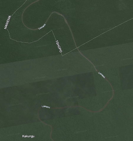 A satellite view shows a winding river labeled "Lomami" flowing through a dense, green jungle, with labels for "MANIEMA", "TSHOPO", and "Kakungu".