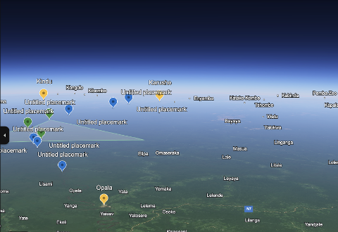 A satellite view of the DR Congo displays a densely forested landscape dotted with numerous placemarkers and city names, indicating a remote expedition route.