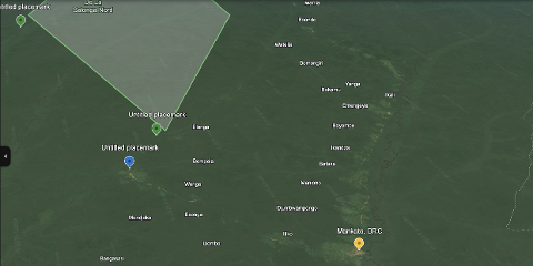A satellite view shows a vast expanse of lush green jungle in the Democratic Republic of Congo, with labels indicating various settlements and a protected area called Salonga National Park.