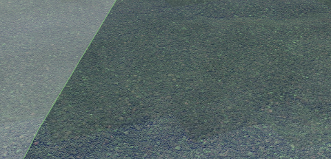 An aerial view shows a vast expanse of dense, green jungle, with a faded translucent overlay on the left and a clear green line delineating the transition between them.