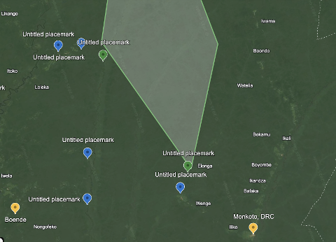This satellite image shows an expedition route within Salonga National Park, DRC, marked by placemarks and a shaded polygon, highlighting remote areas like Boende and Monkoto.