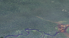 An aerial view shows a meandering river flowing through a dense, dark green jungle with some lighter patches of vegetation.