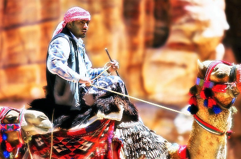 A man in traditional clothing rides a decorated camel in front of an ancient stone structure.