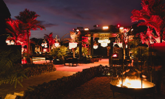An outdoor lounge area is illuminated by red lights on palm trees, chandeliers, and a large fire pit.