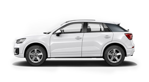 A white Audi Q2 car is pictured in a side view on a white background.