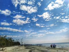A scenic view of a sandy beach with groups of people, lush trees, and a vast blue sky filled with fluffy white clouds.