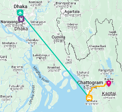 A map shows a route from Dhaka to Kaptai, Bangladesh. The route includes a flight from Dhaka to Chattogram, then a car ride to Anwara, and finally to Kaptai.