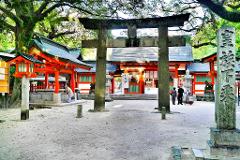 A Japanese shrine with a stone torii gate and buildings with traditional red and green design, under trees and open space.