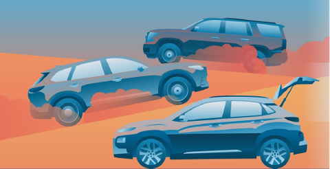 Three cars, including an SUV with its trunk open, are driving on a road with a colorful, hazy background.