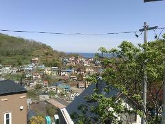 A scenic view overlooks a hillside town with many houses, a telephone pole, and trees in the foreground, with the ocean visible in the distance.