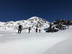 A group of hikers trekking through a snow-covered landscape, with a large mountain peak visible in the background under a clear blue sky.