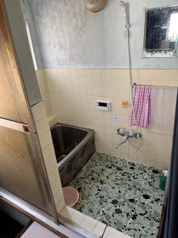 A vintage bathroom with a metal bathtub, tiled walls, a shower, and a unique green and black pebble-patterned floor.