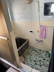A vintage bathroom with a metal bathtub, tiled walls, a shower, and a unique green and black pebble-patterned floor.