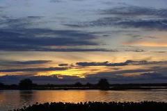 A serene landscape captures the beauty of a sunset reflecting on calm water, with silhouetted trees and dark clouds adding depth to the scene.