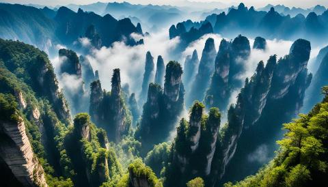 A breathtaking view of towering, forested karst mountains piercing through a sea of clouds, creating a mystical and awe-inspiring landscape.