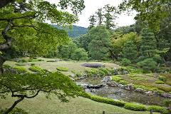 Tokyo & Kyoto Private Garden Tour: A Complete 6-Day Journey Through Japan's Most Beautiful Gardens A serene Japanese garden with a stream flowing through mossy rocks and lush greenery, framed by branches of trees.