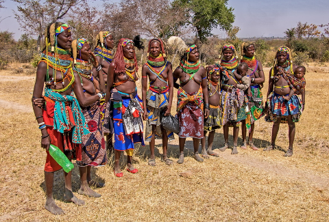 A group of bare-breasted women, adorned with vibrant necklaces and colorful textiles, stand together with children in a dry, grassy landscape.