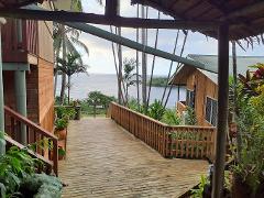 A wooden deck leads towards the ocean, framed by buildings, greenery, and a partially obscured thatched roof.