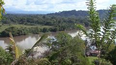 A lush, wide shot of a muddy river snaking through a vibrant rainforest landscape, with distant mountains and a small settlement visible.