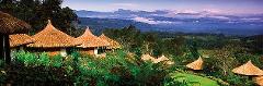 Ambua Lodge (Tari) A scenic view of Ambua Lodge with thatched-roof huts nestled amidst lush greenery, overlooking a mountainous landscape with clouds in the distance.